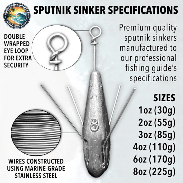 Sputnik sinker size guide showing ounces, grams, and target surf fishing species