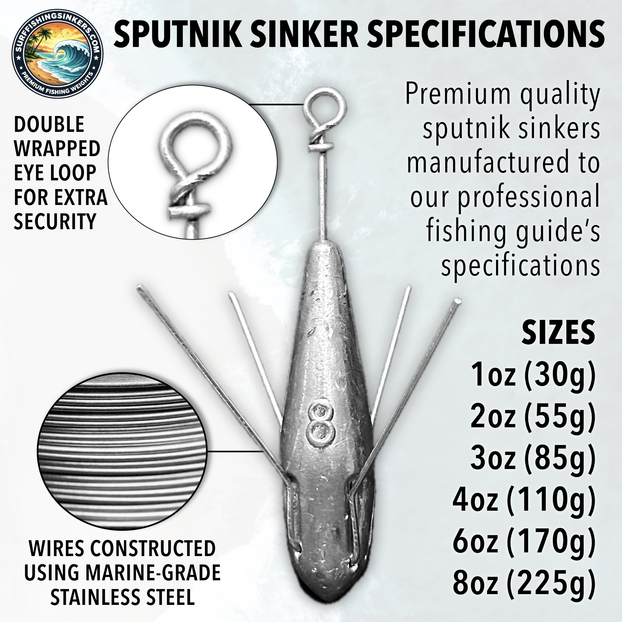 Sputnik Sinkers – Technical Specifications Chart Sputnik sinker size guide showing ounces, grams, and target surf fishing species