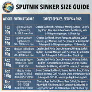 Sputnik sinker size guide showing ounces, grams, and target surf fishing species